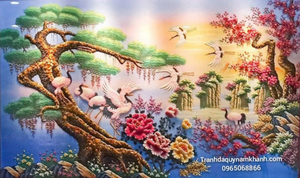 Tranh Đá Quý Tùng Hạc Sum Vầy nghệ thuật