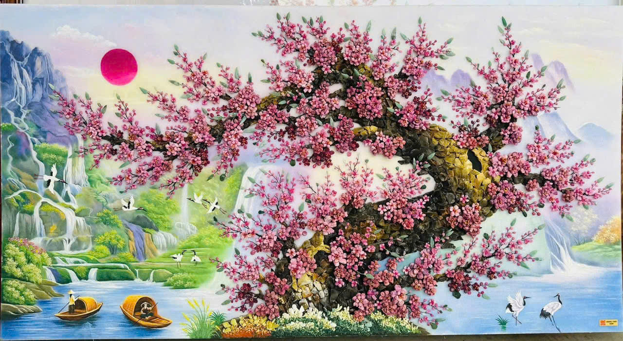 Tranh đá quý hoa đào xếp 3d phong thủy Tranh đá quý hoa đào xếp 3d phong thủy