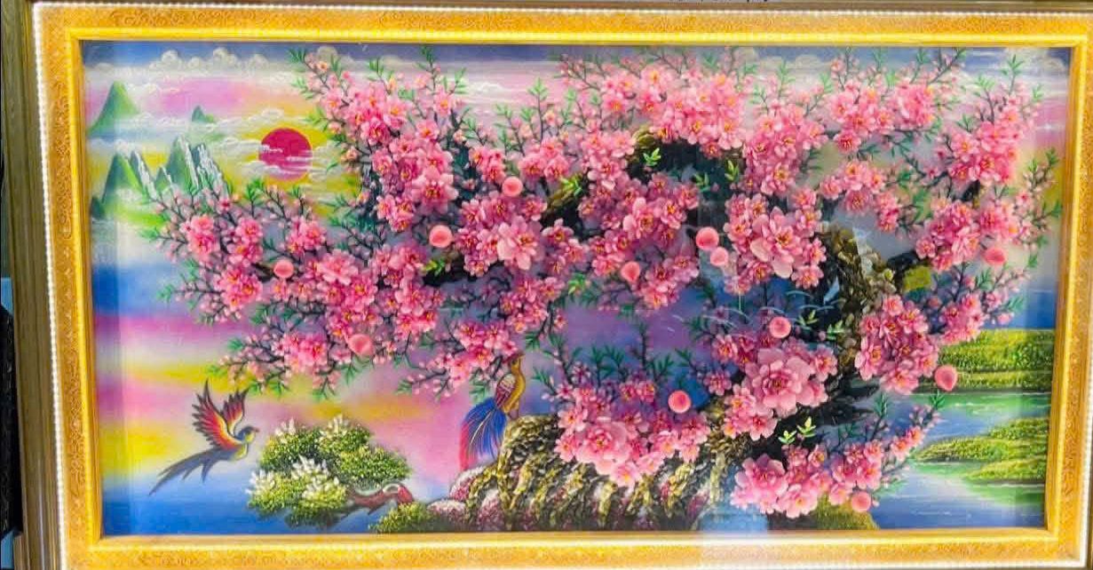 Tranh đá quý hoa đào thạch anh hồng phong thủy Tranh đá quý hoa đào thạch anh hồng phong thủy